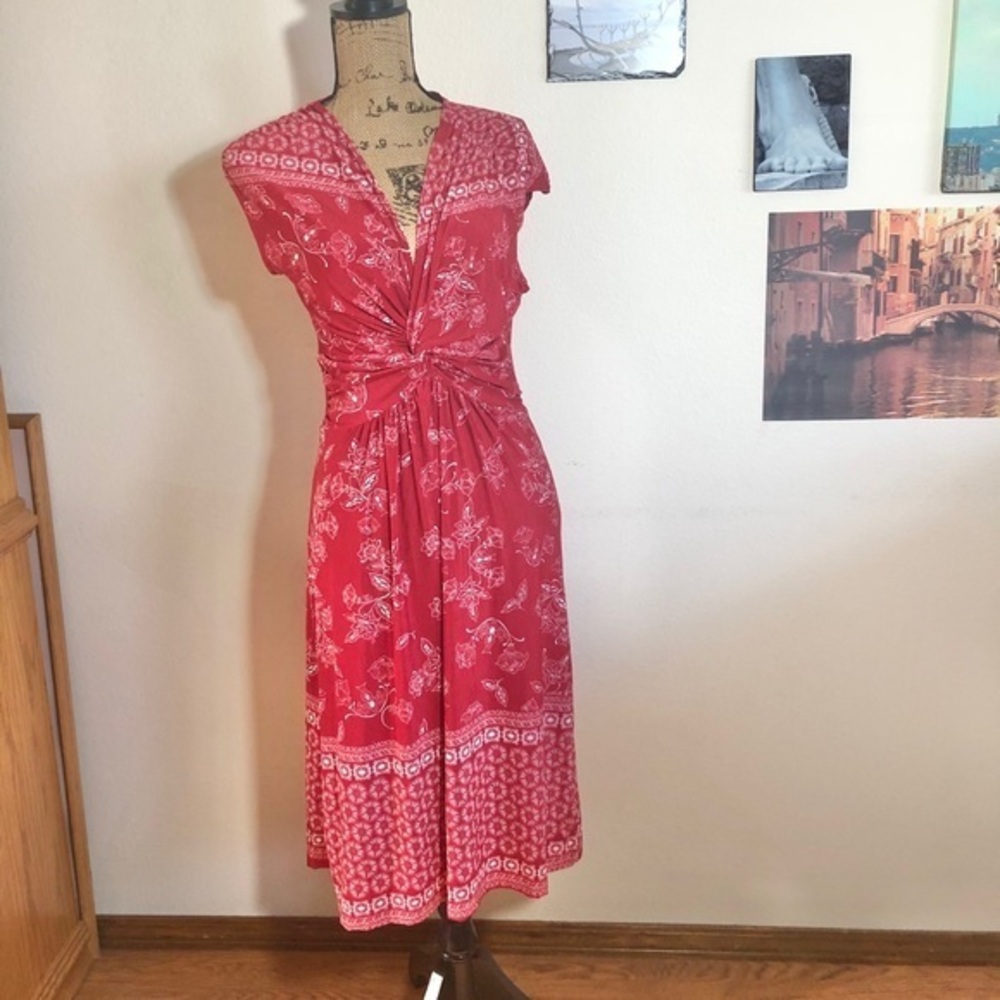 Nina Piu red and white printed faux wrap dress, M and L